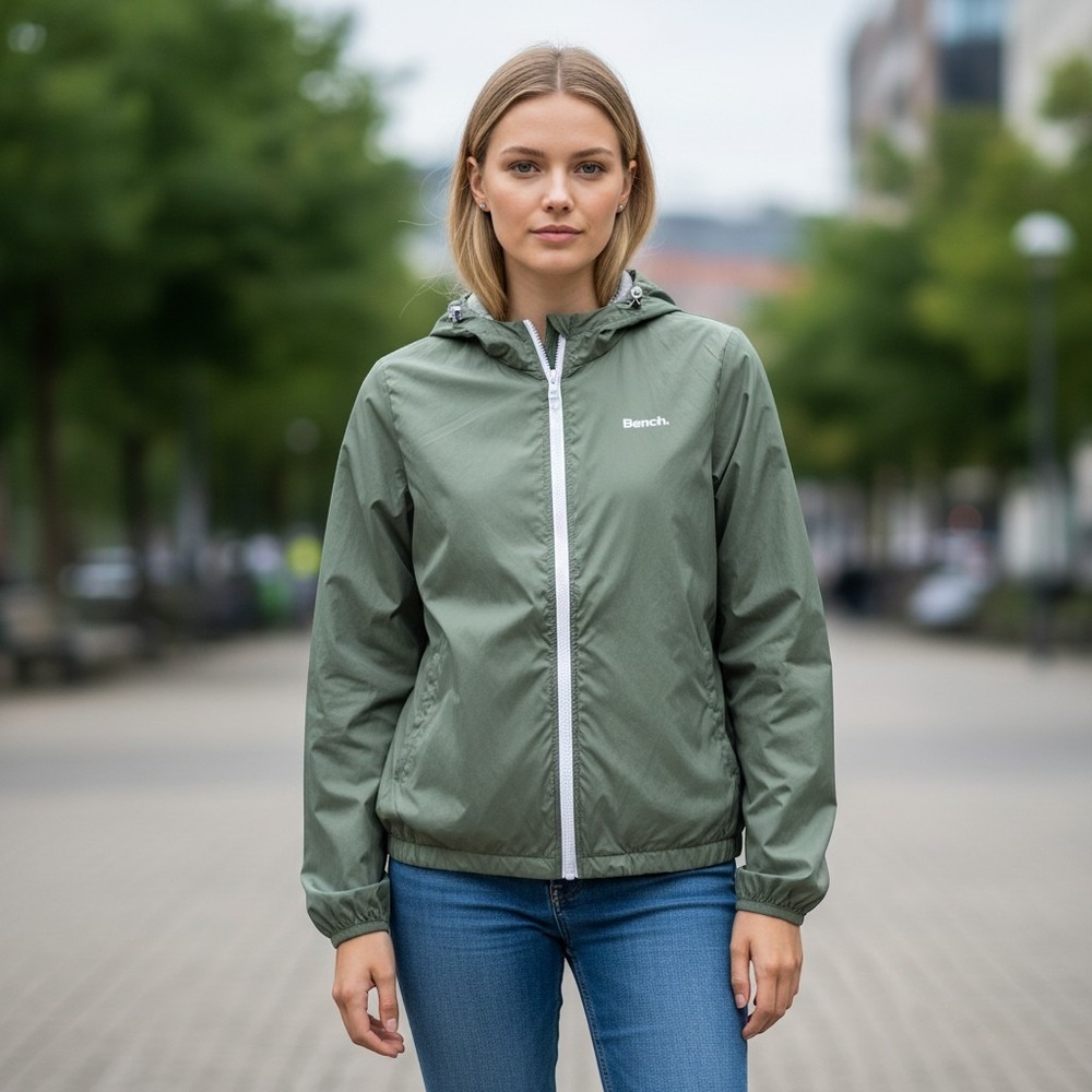Bench Mesh-Lined Khaki Lightweight Rain Shell Hooded Jacket - Medium